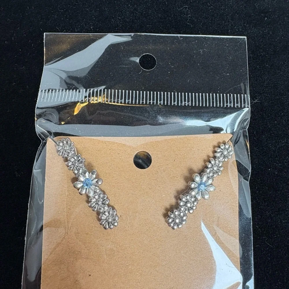 Floral Silver Tone Barrettes with Blue Rhinestone Accent